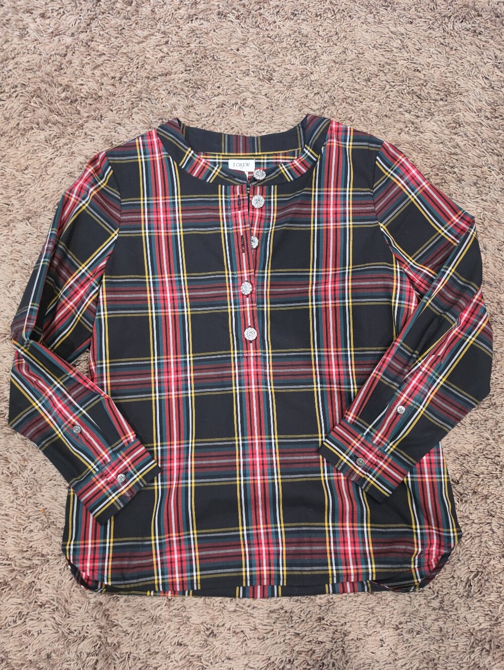 J.Crew Plaid Jeweled Button Popover Blouse Petite Small SP